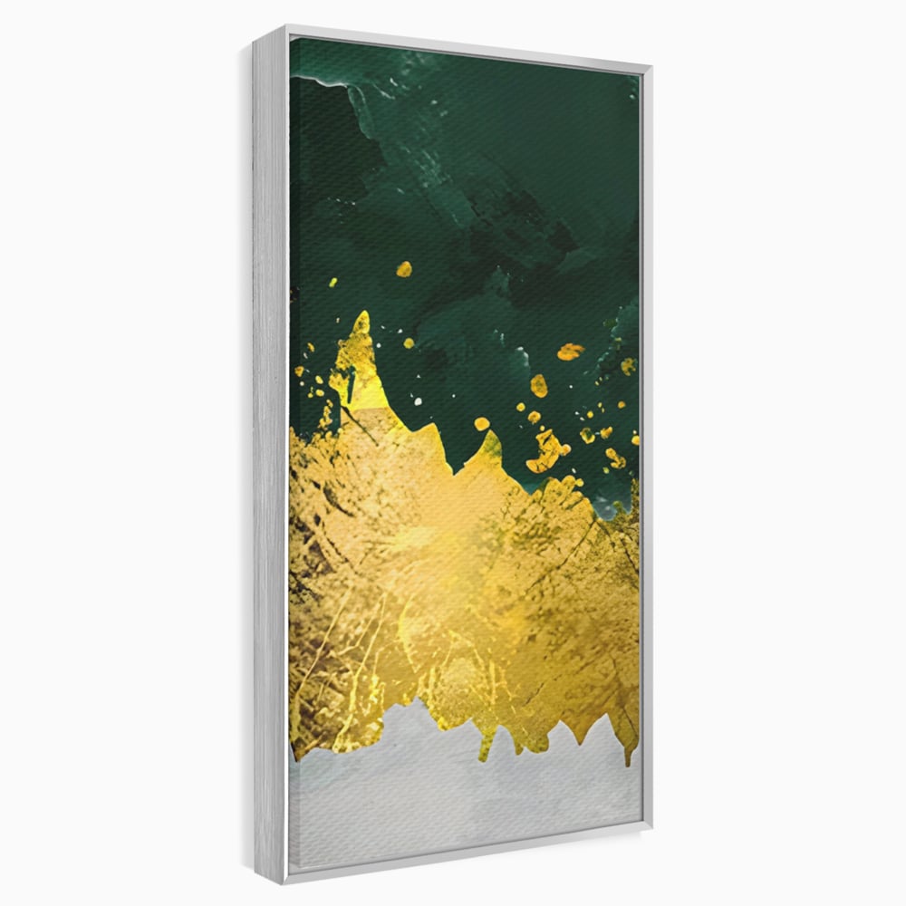 Tablou canvas cu tablou canvas abstract verde si auriu, in rama de aluminiu argintiu
